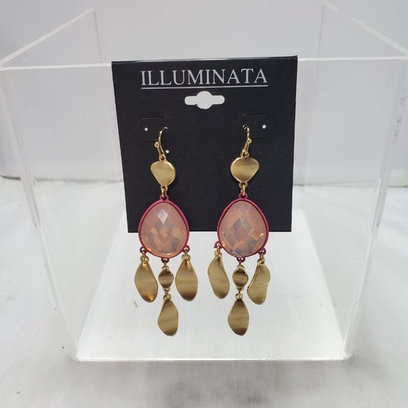ILLUMINATA Fuchsia stone with gold metal petals dangle fish hook earring - Picture 2 of 6